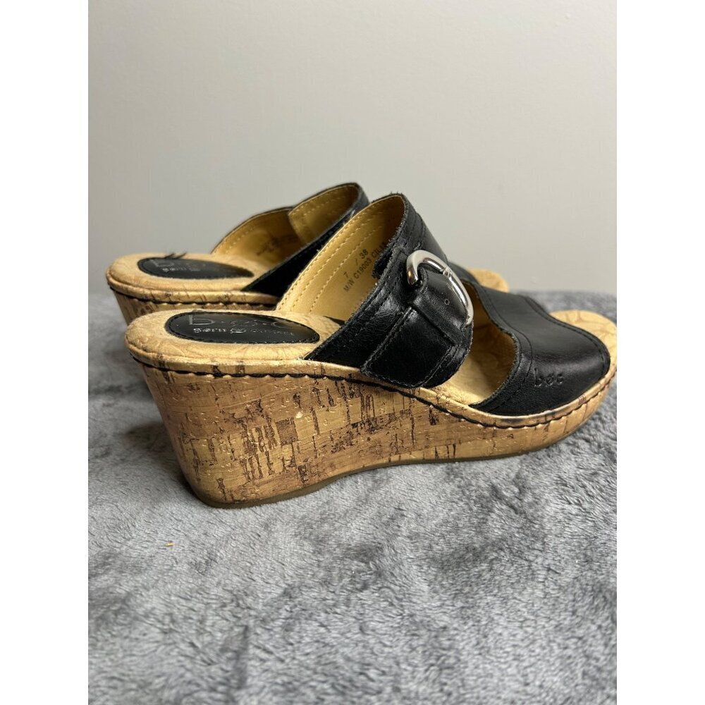 Born Women's Zee Sandal Size 7 Black Leather Wedge Heel Platform Two Strap Slide